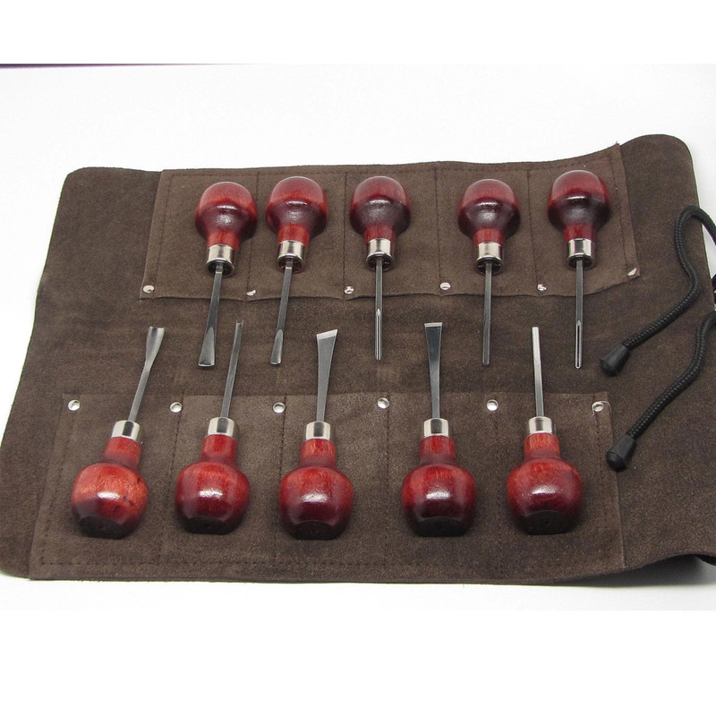 Woodcarving Set with Leather Tool Roll, Set of 10